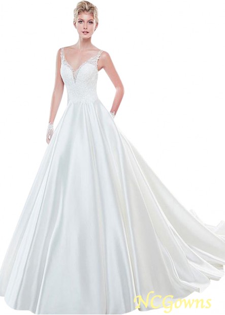 V-Neck A-Line Satin Natural Waistline Wedding Dresses