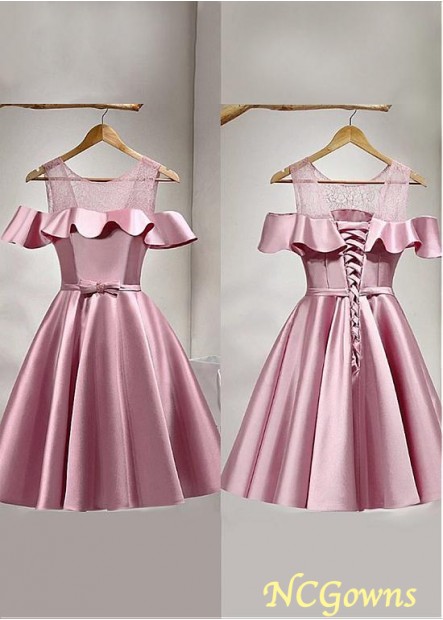 Short Mini Hemline Pleat Scoop Lace  Satin Fabric Pink Dresses