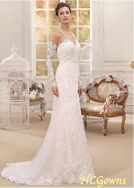 Long Sleeve Length Sheath Column Silhouette Full Length Illusion V-Neck Neckline Wedding Dresses