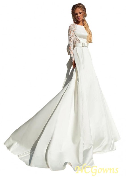 Cathedral 50-70Cm Along The Floor Natural Long Full Length Bateau Lace  Satin A-Line Silhouette Style