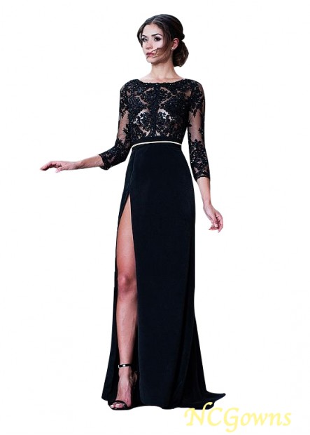 Black Bateau A-Line Silhouette Floor-Length Slit Black Dresses
