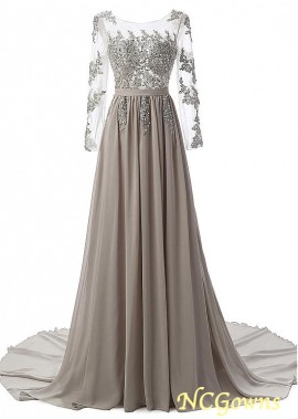 Floor-Length Pleat Tulle  Chiffon Bateau Gray Color Family With Sleeves