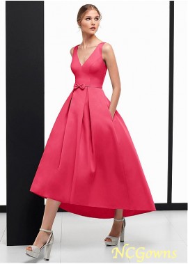 V-Neck A-Line Hi-Lo Hemline Red Tone Color Family Special Occasion Dresses