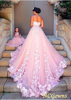 Floor-Length Hemline A-Line Tulle Fabric Pink Color Family Flower Girl Dresses