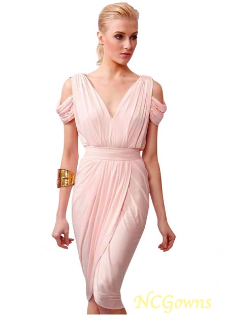 Pink Color Family V-Neck Knee-Length Length Spandex Sheath Column Silhouette Natural Bridesmaid Dresses T801525354513