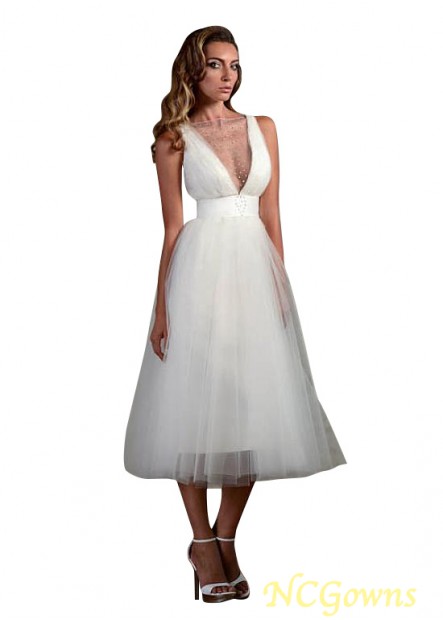 Sleeveless Tea-Length Length Bateau A-Line Silhouette Short Wedding Dresses