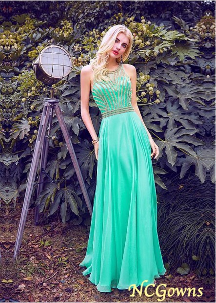 Floor-Length Green Chiffon  Tulle Fabric Jewel Prom Dresses