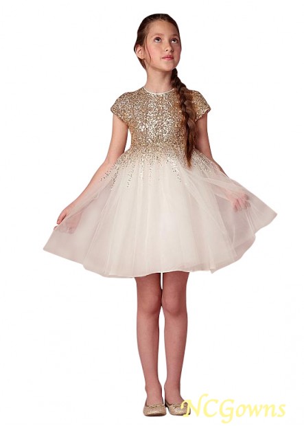 A-Line Silhouette White Tulle  Sequined Lace Flower Girl Dresses