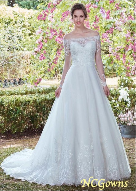 Bateau Neckline Long Sleeve Length Tulle  Organza Chapel 30-50Cm Along The Floor Natural Full Length With Sleeves
