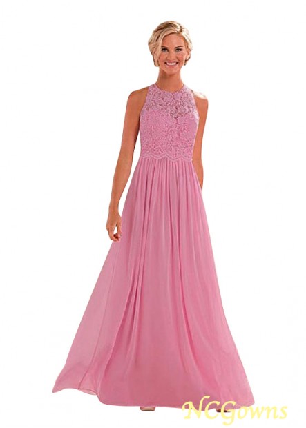 Pink Color Family Full Length  Lace  Chiffon A-Line Silhouette Bridesmaid Dresses