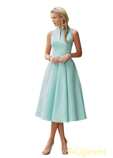 High Collar A-Line Silhouette Tea-Length Natural Waistline Satin Bridesmaid Dresses