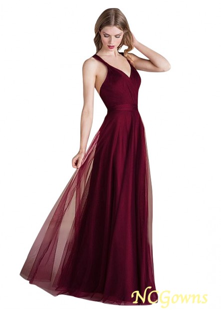 Red Tone A-Line Tulle V-Neck Natural Waistline Bridesmaid Dresses