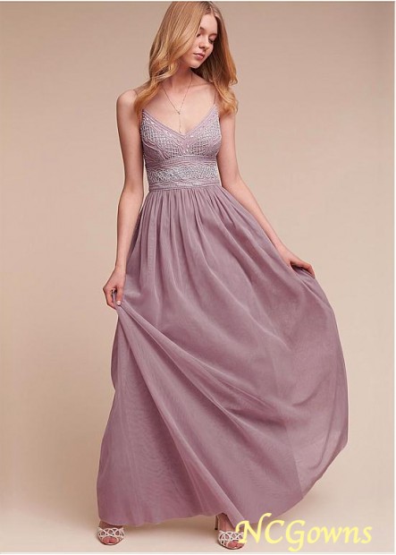 Purple Natural Waistline Full Length Tulle Spaghetti Straps A-Line Bridesmaid Dresses