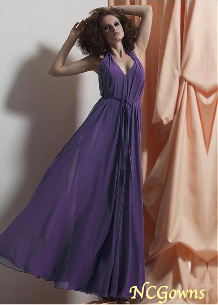 Full Length Chiffon Halter Neckline Purple Bridesmaid Dresses