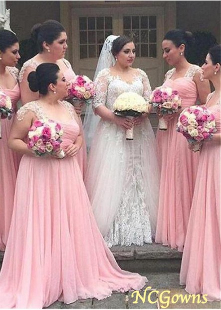 Pink V-Neck Natural Full Length Bridesmaid Dresses
