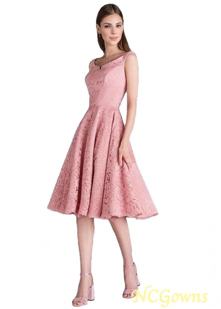 Lace A-Line Knee-Length Off-The-Shoulder Pink Dresses