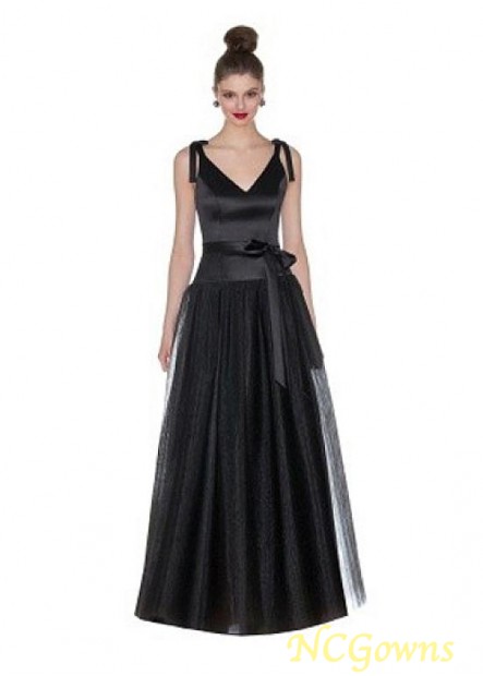 Black Full Length V-Neck Neckline Satintulle Dropped Bridesmaid Dresses