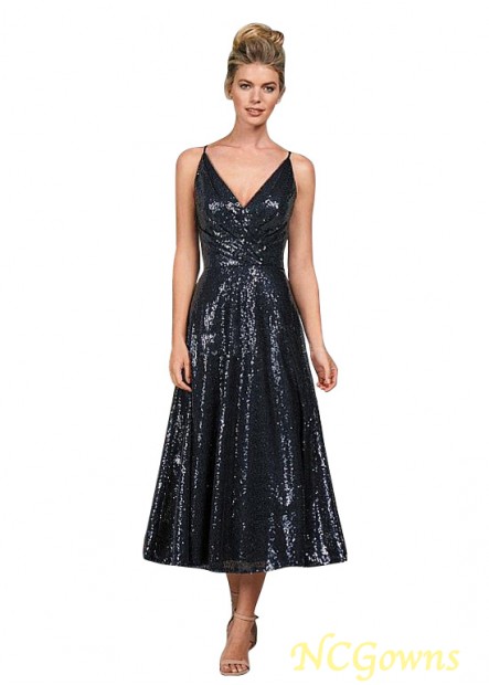 A-Line Silhouette Blue Tone Tea-Length Bridesmaid Dresses