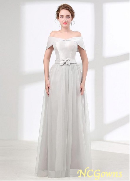 Off-The-Shoulder Neckline A-Line Tulle  Satin Silver Dresses