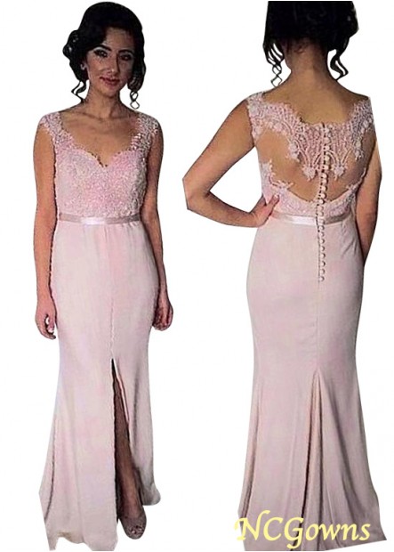 Pink V-Neck Full Length Bridesmaid Dresses