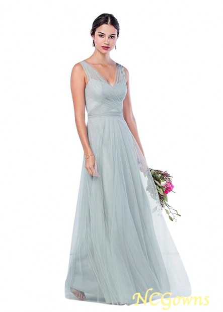 Blue Tone Full Length V-Neck Tulle Bridesmaid Dresses