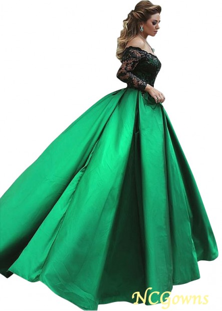 Green Lace  Satin Fabric Off-The-Shoulder Neckline With Sleeves