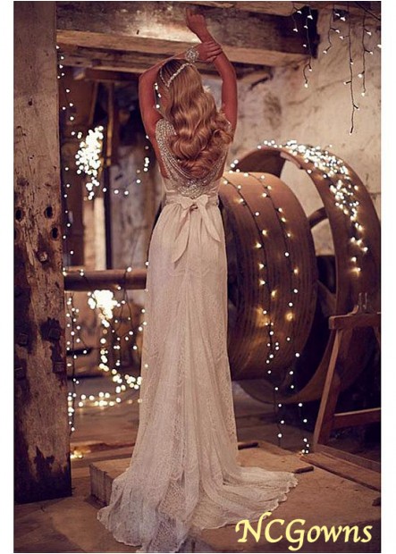 V-Neck Neckline Sheath Column Lace Full Length Sleeveless Natural Waistline Wedding Dresses