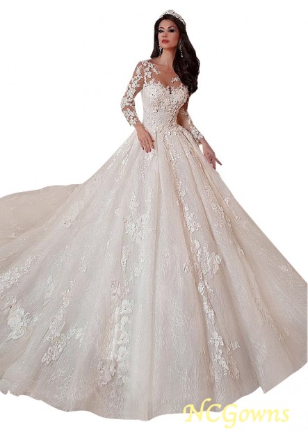 Long Sleeve Length Ball Gown Silhouette Tulle  Lace Full Length Scoop Illusion Wedding Dresses