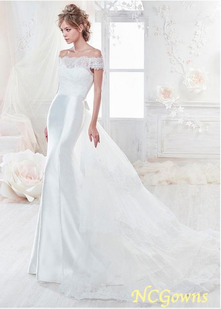 Cathedral 50-70Cm Along The Floor Mermaid Trumpet Full Length Tulle  Satin Off-The-Shoulder Short Wedding Dresses