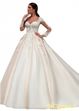Ncgowns Full Length Length Scoop Neckline Natural Tulle  Satin Illusion Sleeve Type Wedding Dresses