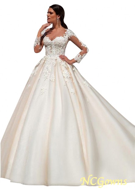 Ncgowns Full Length Length Scoop Neckline Natural Tulle  Satin Illusion Sleeve Type Wedding Dresses