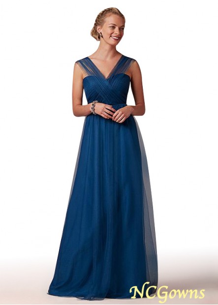 Ncgowns Blue Tone Color Family Full Length V-Neck Natural Waistline A-Line Bridesmaid Dresses