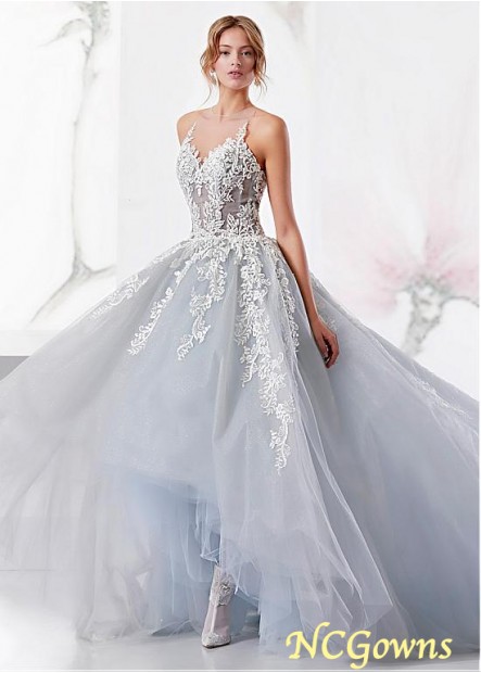 Jewel Neckline Chapel 30-50Cm Along The Floor Hi-Lo Length Natural Tulle Fabric A-Line Wedding Dresses