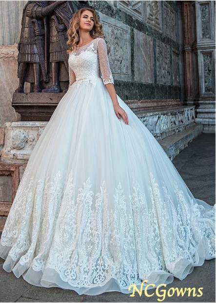 A-Line Cathedral 50-70Cm Along The Floor Train Tulle 3 4-Length Illusion Wedding Dresses