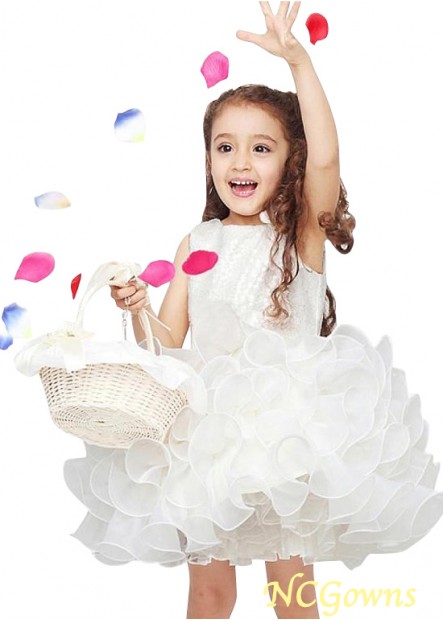 Ncgowns White Short Mini Ball Gown Organza  Satin Flower Girl Dresses