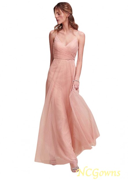 Spaghetti Straps Tulle Pink A-Line Silhouette Full Length Pink Dresses