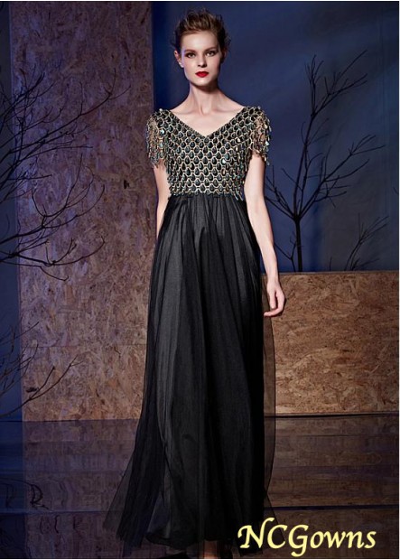 Ncgowns A-Line Floor-Length Black Color Family Tulle  Sequin Lace V-Neck Special Occasion Dresses
