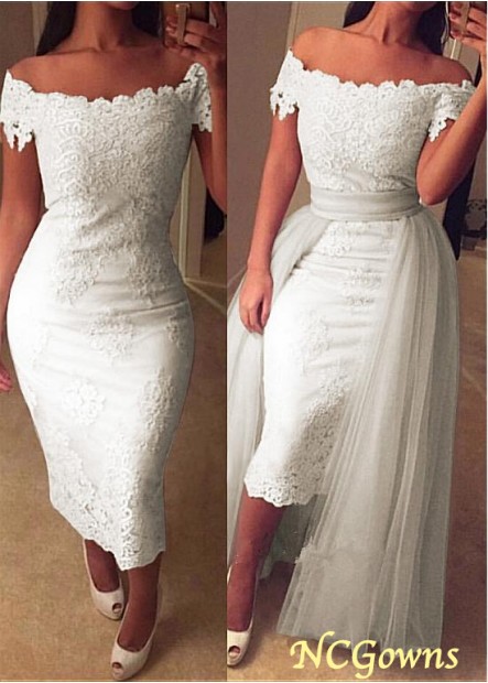 White Tea-Length Off-The-Shoulder Straight White Dresses