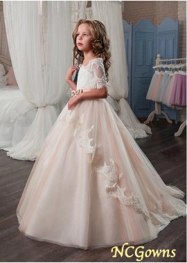 Floor-Length Tulle  Lace Fabric Champagne Dresses