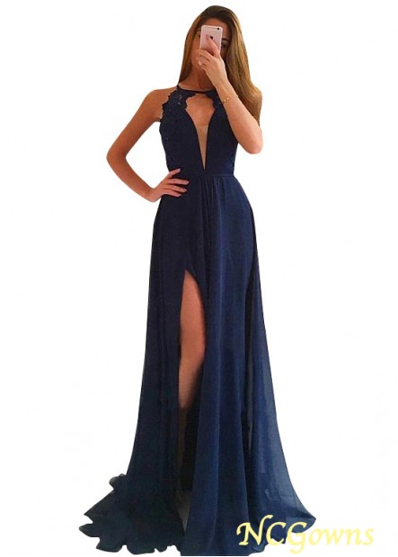 A-Line Silhouette Floor-Length Halter Blue Tone Color Family Evening Dresses T801525358713