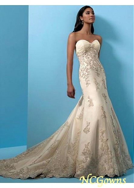 Sweetheart Full Length Length Tulle With Lace Appliques  Satin Champagne Dresses