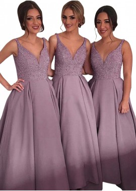 Tulle  Satin Fabric Full Length Natural Waistline V-Neck Bridesmaid Dresses