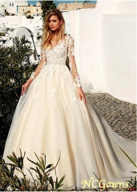 Ncgowns A-Line Silhouette Full Length Long Tulle  Satin Illusion Bateau Neckline Cathedral 50-70Cm Along The Floor Train Wedding Dresses