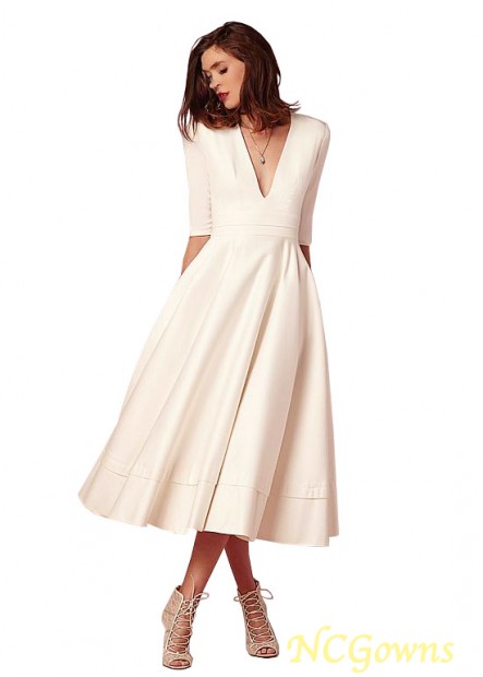 Taffeta  Satin Fabric Natural V-Neck Without Train A-Line Silhouette Ivory Dresses