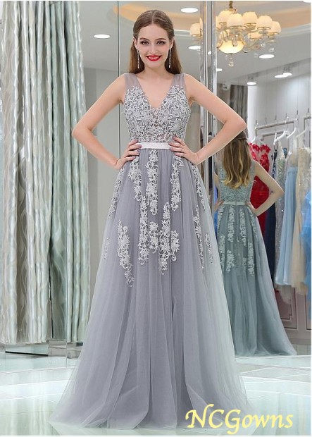 Ncgowns Tulle Fabric Gray Pleat Floor-Length Silver Dresses