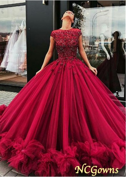Jewel Neckline Floor-Length Pleat Red Tone Ball Gown Red Dresses