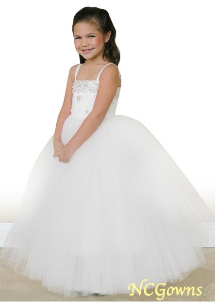 Ball Gown Silhouette Floor-Length Tulle  Satin White Flower Girl Dresses