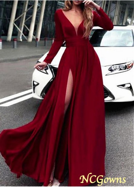 Ncgowns V-Neck A-Line Red Tone Slit Spandex Special Occasion Dresses