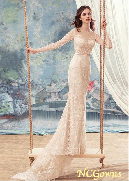 Ncgowns Full Length Natural Sheath Column Silhouette Lace Fabric Jewel Champagne Dresses