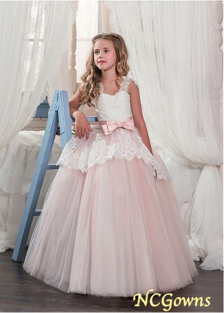 Tulle  Lace Fabric Floor-Length Ball Gown Silhouette Flower Girl Dresses
